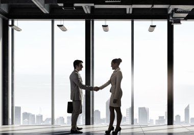 İş ortakları el sıkışma. Karışık teknik