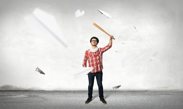 Hipster guy with bat . Mixed media — Stock Photo, Image