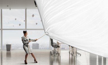 İş kadını çekerek afiş. Karışık teknik