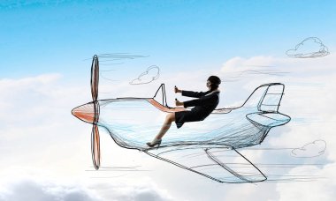 Çizilmiş uçak içinde kadın pilot. Karışık teknik