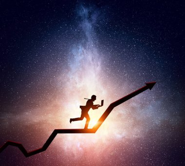 Yıldızlı gökyüzü karşı iş adamı. Karışık teknik