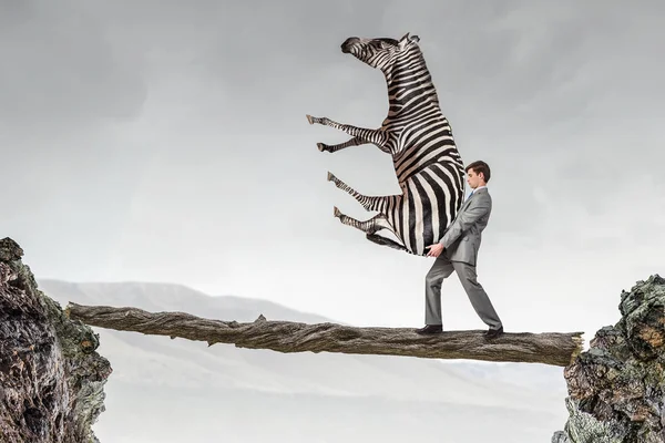 Zakenman met zebra. Mixed media — Stockfoto