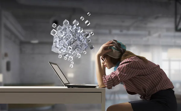 She is surfing the Internet . Mixed media — Stock Photo, Image