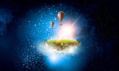 Soyut kolaj. Yüzen ada baloons ile. . Karışık teknik