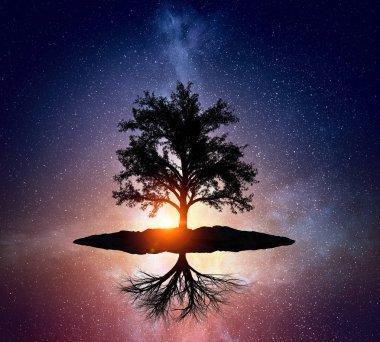 Yıldızlı gece ve ağaç. Karışık teknik