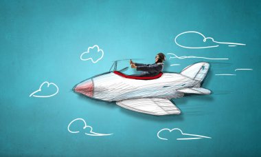 Çizilmiş roket kadın pilot. Karışık teknik