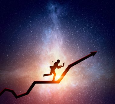 Yıldızlı gökyüzü karşı iş adamı. Karışık teknik