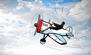 Çizilmiş uçak içinde kadın pilot. Karışık teknik