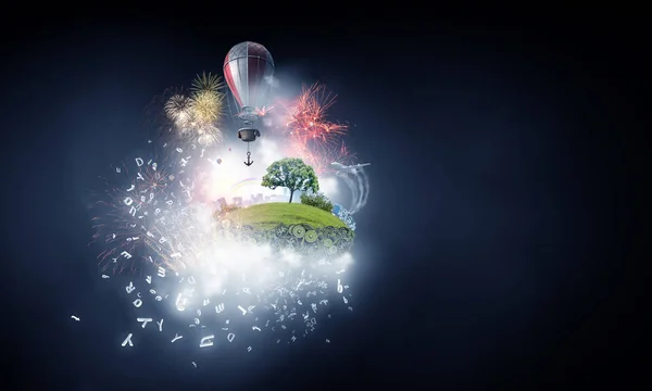 Collage abstrait. Île flottante avec des ballons. . Techniques mixtes. Techniques mixtes — Photo