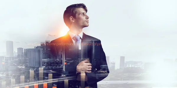 Exposure of businessman and modern city . Mixed media — Stock Photo, Image