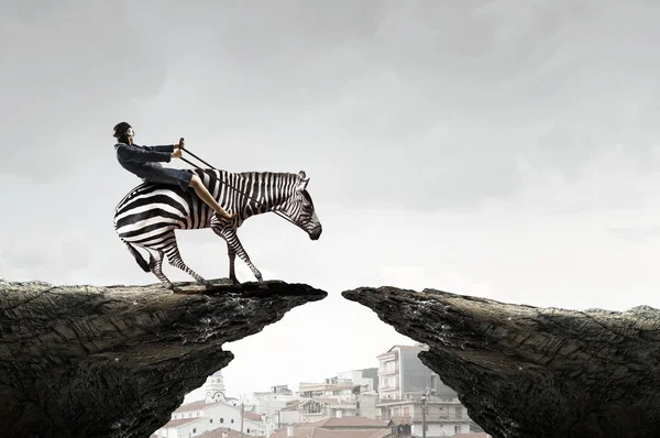 Zakenvrouw rit zebra. Mixed media — Stockfoto