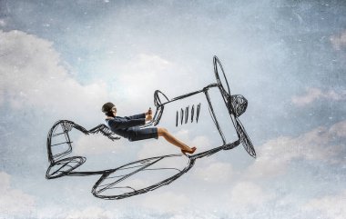 Çizilmiş uçak içinde kadın pilot. Karışık teknik