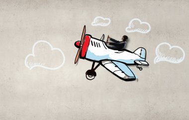 Çizilmiş uçak içinde kadın pilot. Karışık teknik