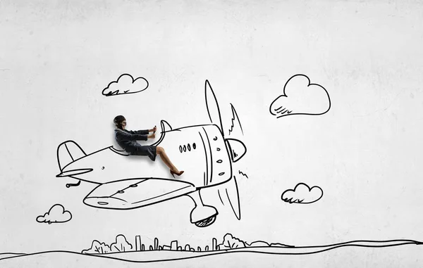 De piloot van de vrouw in getekende vliegtuig. Mixed media — Stockfoto