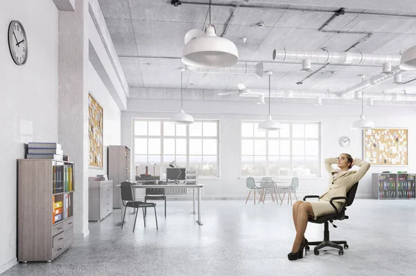 Lady boss in office chair . Mixed media — Stock Photo, Image