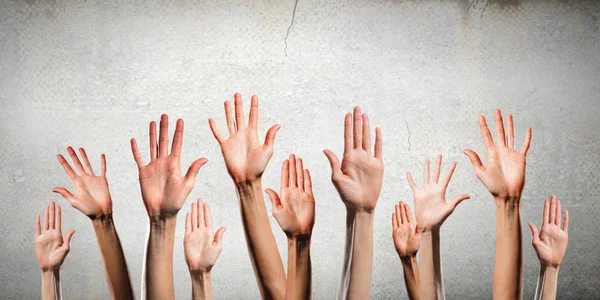 Group of people rise hands . Mixed media — Stock Photo, Image