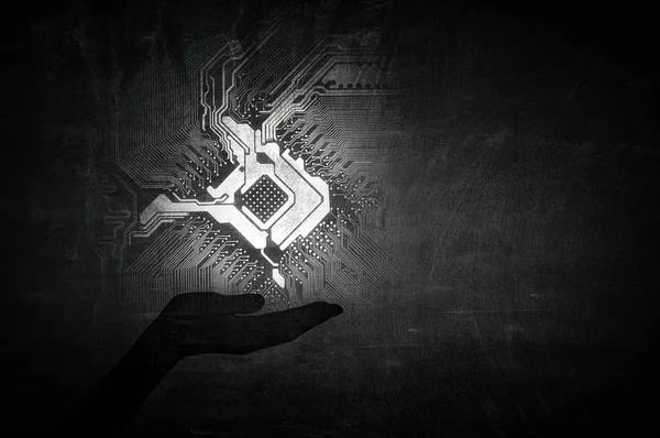 Icono del circuito en la palma. Medios mixtos — Foto de Stock