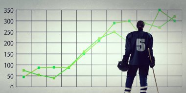 Hokey oyuncu ve dinamik grafik. Karma ortam. Karışık teknik