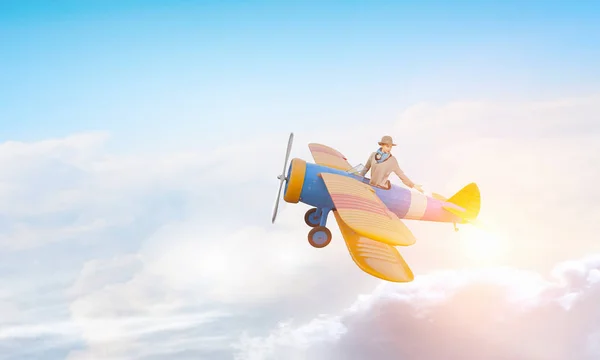 Mujer en avión dibujado. Medios mixtos — Foto de Stock