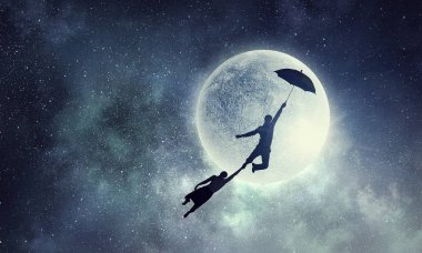 Şemsiye üzerinde uçan adam. Karışık teknik