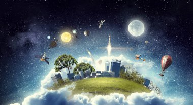 Bulutlar modern şehirde. Karma ortam. Karışık teknik