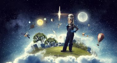 Astronot olmak ve uzay için uç. Karma ortam. Karışık teknik