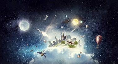 Bulutlar modern şehirde. Karma ortam. Karışık teknik