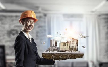 Kadın sunan inşaat modeli. Karışık teknik