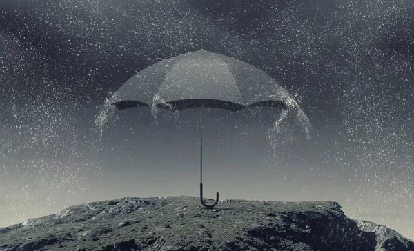 Black umbrella in sky . Mixed media — Stock Photo, Image