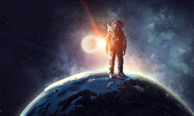 Astronot uzayda. Karma ortam. Karışık teknik
