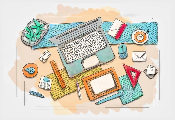 Drawn image of work table with objects . Mixed media — Stock Photo, Image