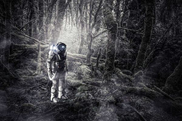 Explorer in astronaut suit in natural landscape. Mixed media