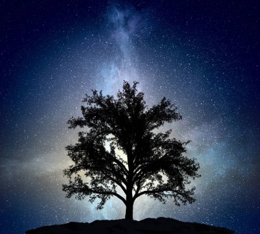 Yıldızlı gökyüzü manzara. Karışık teknik