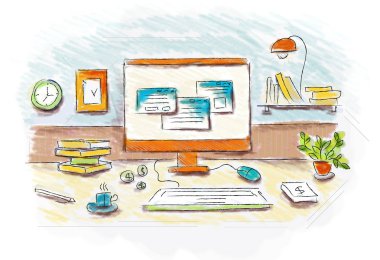 Nesnelerle çalışma tablosu çekilmiş görüntüsü. Karışık teknik