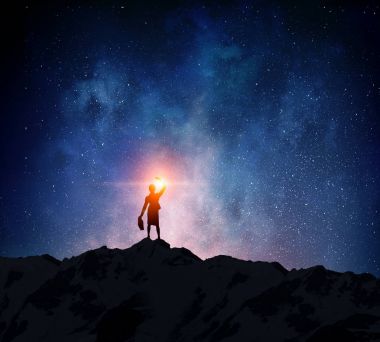 Yıldızlı gökyüzü karşı iş adamı. Karma ortam. Karışık teknik