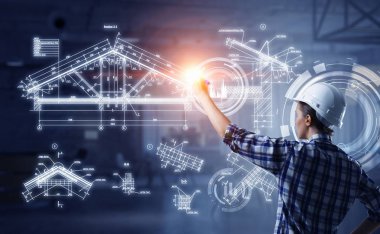 Mühendis kadın çizmek düzeni. Karışık teknik