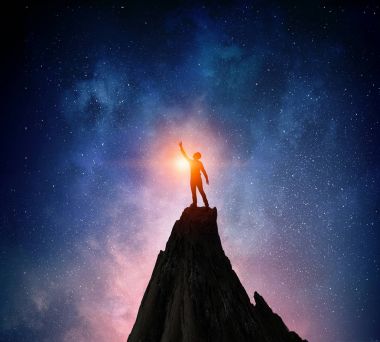 Yıldızlı gökyüzü karşı iş adamı. Karma ortam. Karışık teknik