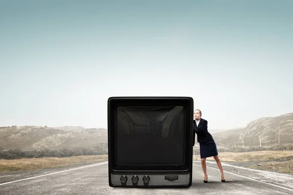 Žena a Tv monitor. Kombinovaná technika — Stock fotografie