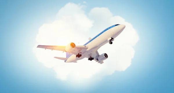 Vliegtuig in de lucht van de dag. Mixed media. Mixed media — Stockfoto