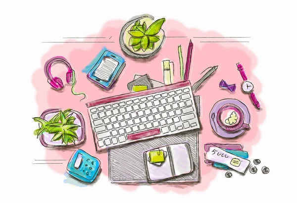 Drawn image of work table with objects . Mixed media — Stock Photo, Image