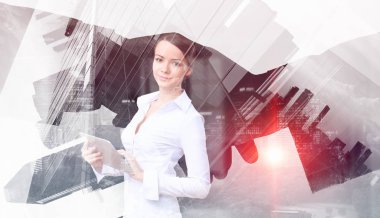 Tablet üzerinde çalışan çekici iş kadını. Karışık teknik