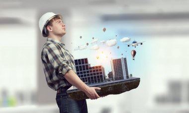 Yetişkin mühendis adam. Karma ortam. Karışık teknik