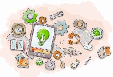 Nesnelerle çalışma tablosu çekilmiş görüntüsü. Karışık teknik