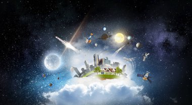 Bulutlar modern şehirde. Karışık teknik