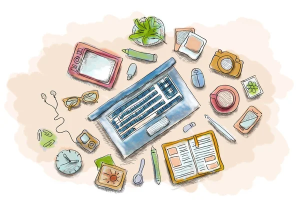 Immagine disegnata del tavolo di lavoro con oggetti — Foto Stock