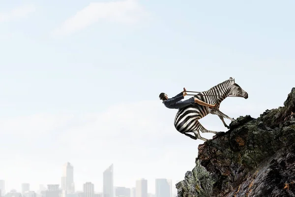 Geschäftsfrau reitet Zebra — Stockfoto