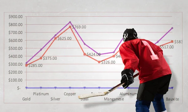 Hockey player and dynamics graph. Mixed media — Stock Photo, Image