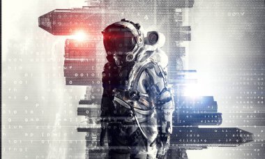 Astronot uzay giysisi içinde. Karışık teknik