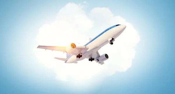 Samolot w dzień niebo. Techniki mieszane — Zdjęcie stockowe