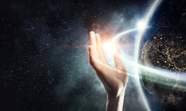 Dünya gezegen içinde palmiye. Karışık teknik